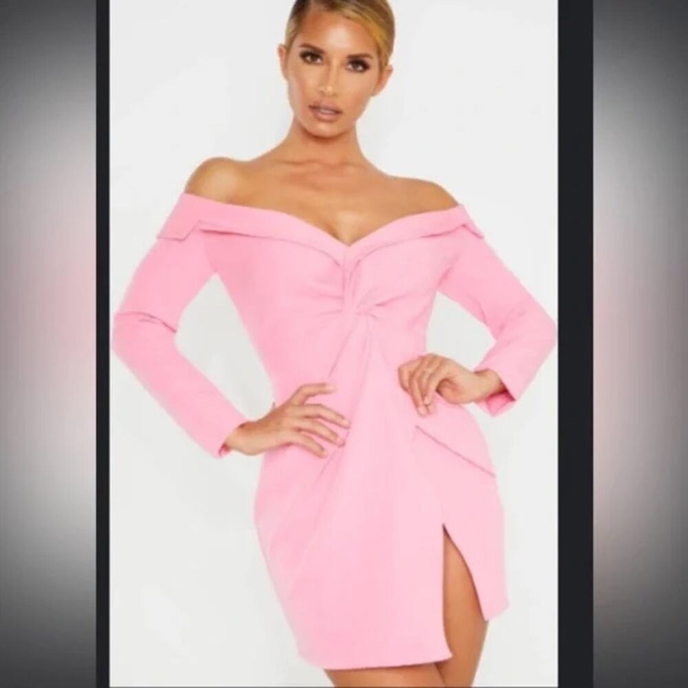 NWT PrettyLittleThing Pink Bardot Knit Detail Blazer Mini Dress 4 New